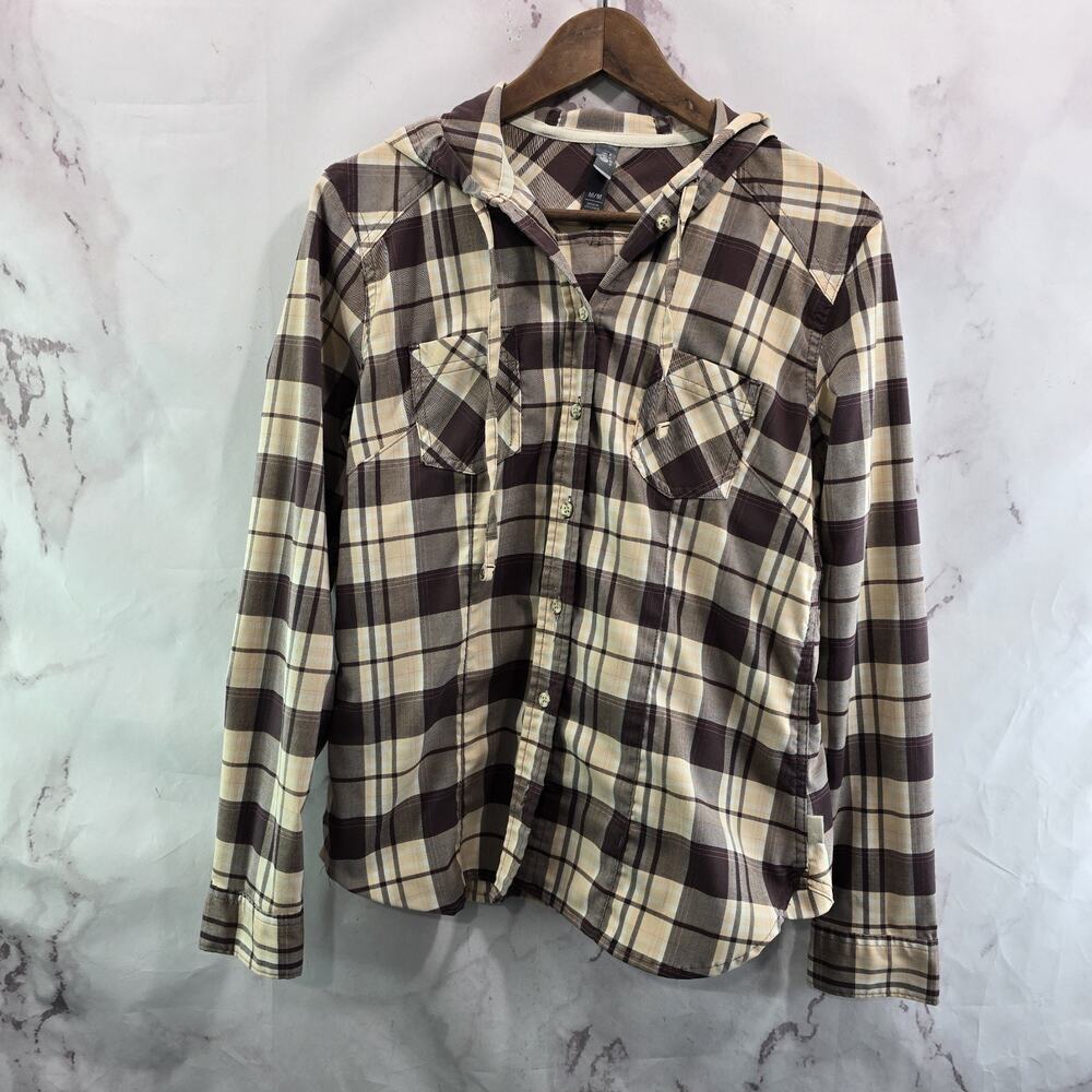 Mountain Hardwear Shirt Womens Medium Purple Long Sleeve Hooded Button Up Plaid